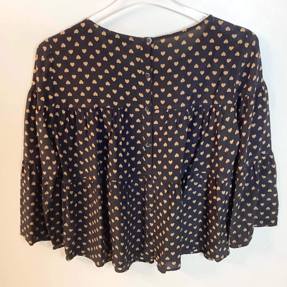 Madewell Silk Tiered Button Back Heart Print Top - Black - S - Picture 5 of 8